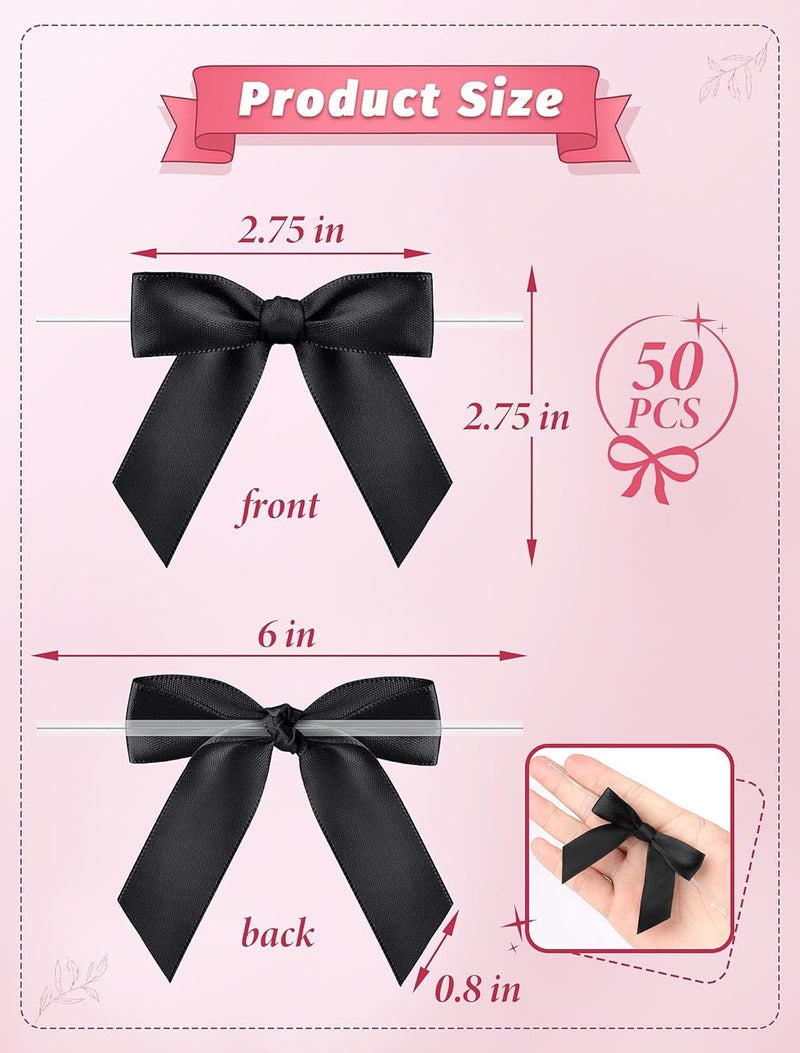 MERDTTES 50 Pcs Satin Ribbon Black Bows, 2.75" Twist Tie Bows, Premade Black Bows for Gift Wrapping, Treat Bags, Party Favors Wedding Decorations - Image 2